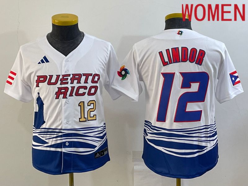 Women 2023 World Cub #12 Lindor White MLB Jersey3